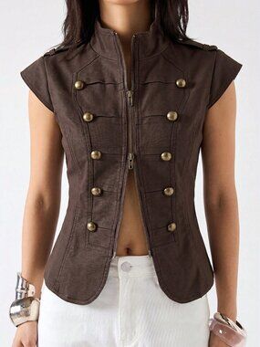 Brown Elegant Women's Minimalist Stand Collar Jacket vest